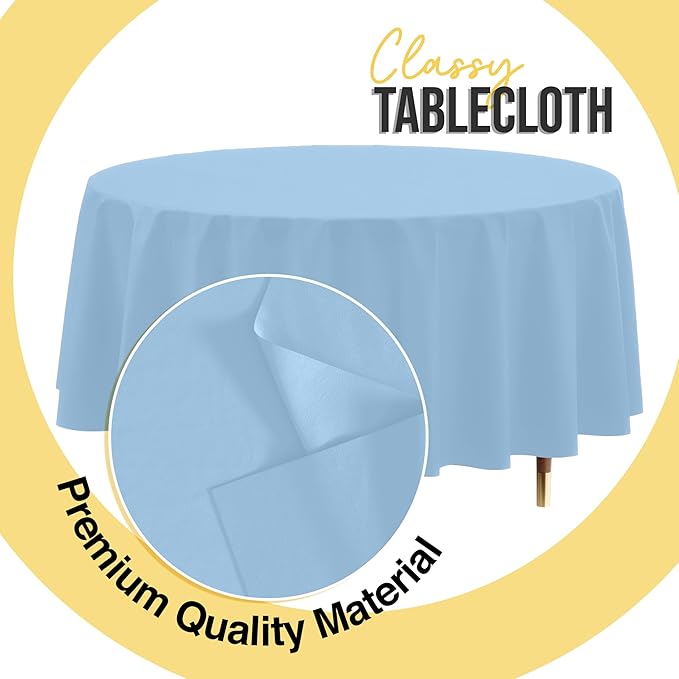 Exquisite 66% Thicker Premium Light Blue Round Tablecloth 0.5 Mil 6 Pack Plastic Table Cloth Disposable 84 Inch Round Plastic Tablecloth Won't Tear Easily Like Cheap Thin Brands