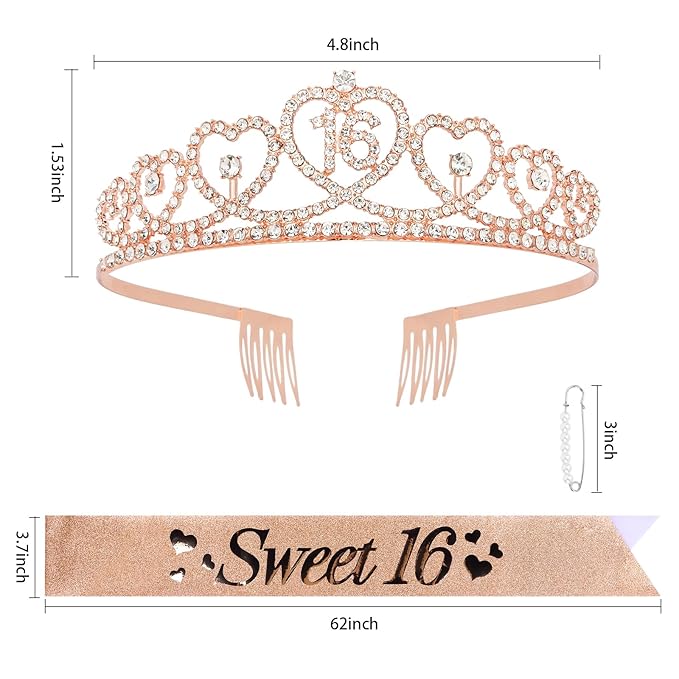 16th Birthday Crown and Sash for Girls Sweet 16 Birthday Decoration 16th Rose Gold Tiara and Sweet 16 Glitter Sash 16th Party Supplies