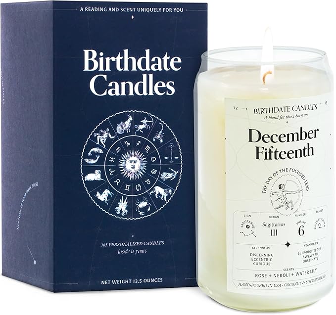 Birthdate Candles, December 15 - Sagittarius Zodiac Scented Candles Birthday Gift - Rose, Neroli & Water Lily Scent - All-Natural Soy & Coconut Wax, 60-80 Hour Burn Time - Made in USA