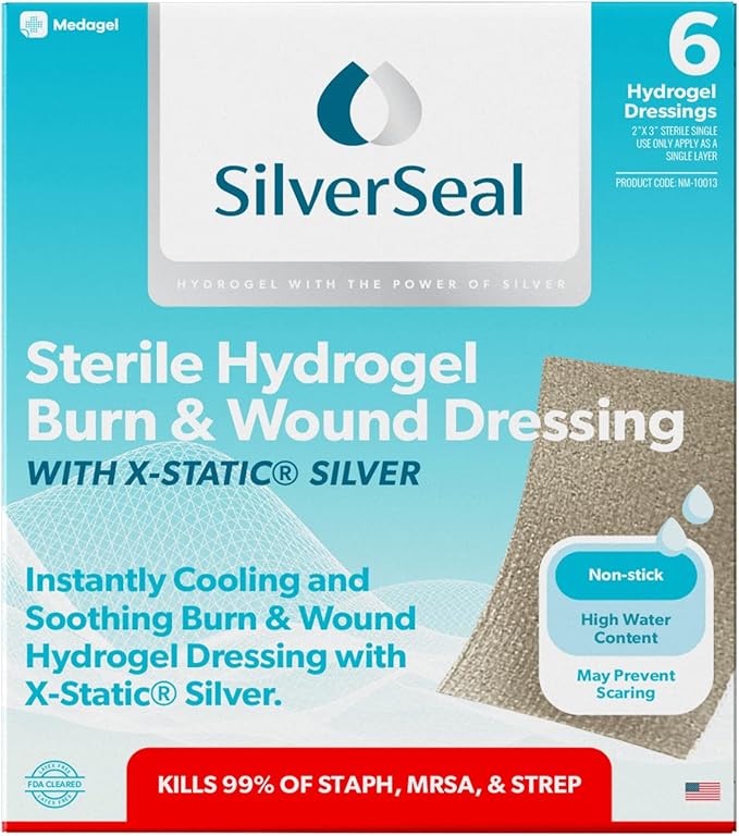 SilverSeal Burn and Wound Dressing, Hydrogel Pads with X-Static Silver, Soothing, Moist & Protective for Burns, Cuts & Wounds, 2" x 3" Sterile Dressings, 6 Count