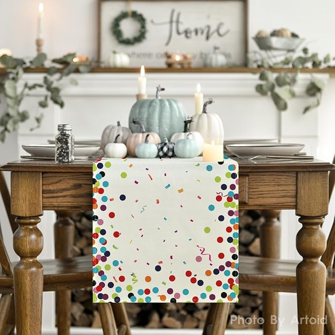 Artoid Mode Polka Dot Beige Happy Birthday Table Runner, Seasonal Kitchen Dining Table Decoration for Home Party Decor 13x60 Inch