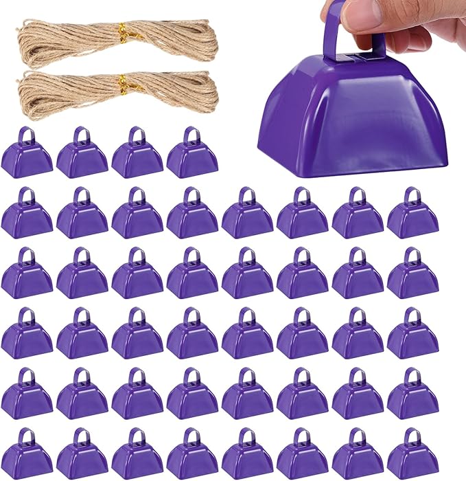 PATIKIL 48pcs Cow Bells for Football Games, 3 Inch Cowbells for Sporting Events Bulk Loud Noise Makers Metal Cow Bell with Rope for Cheering Wedding, Purple
