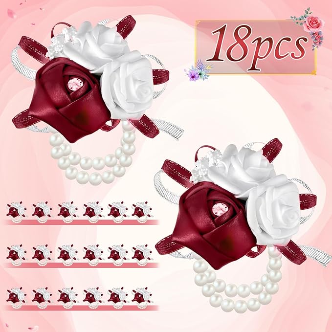 Zeyune 18 Pcs Wrist Corsages for Prom Wedding Artificial Rose Wristlet Corsage Hand Flower for Mother of Bride and Groom, Bridal, Bridesmaid Wedding Supplies (Red)