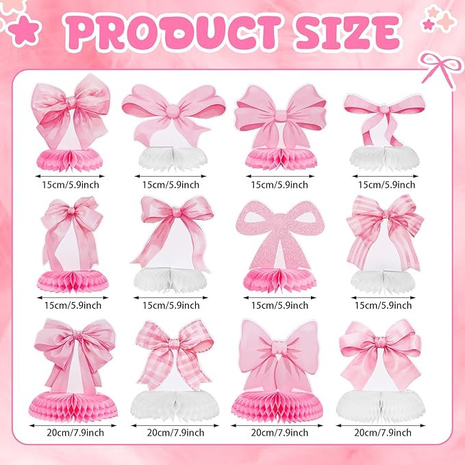 12 Pcs Pink Bow Party Honeycomb Centerpieces Pink Bow Table Centerpieces Coquette Theme Birthday Decorations Bow Party Decorations for Birthday Bridal Bachelorette Valentines Day Party Supplies