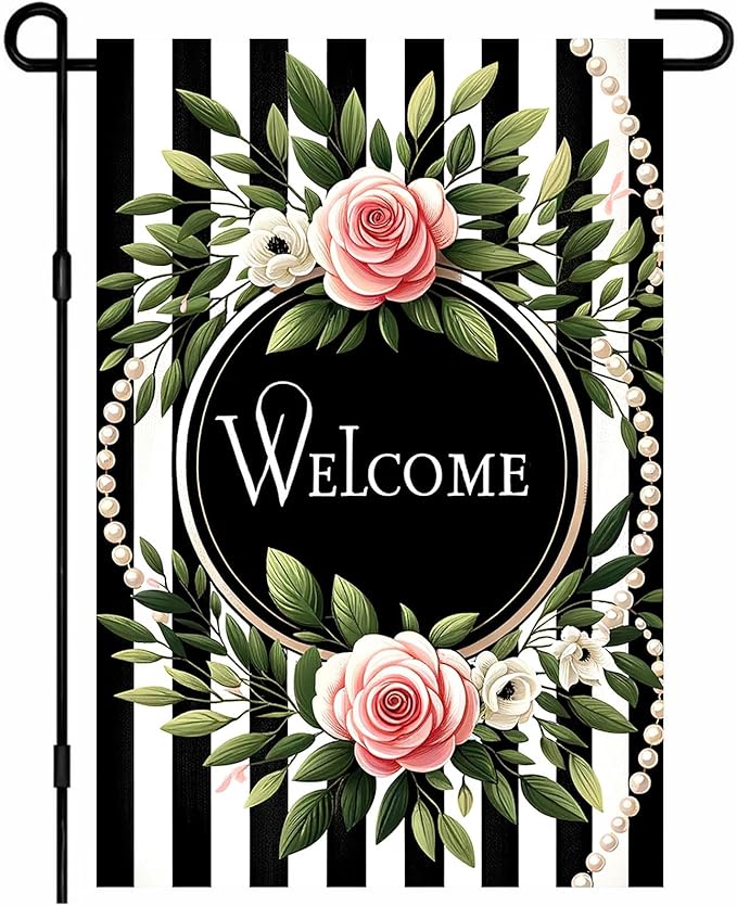 HOMETITUTE Welcome Garden Flag Spring Floral Yard Banner 12x18 Inch Double Sided Outdoor Decor with Pink Roses and Black and White Stripes for Farmhouse Patio Lawn Home Decoration