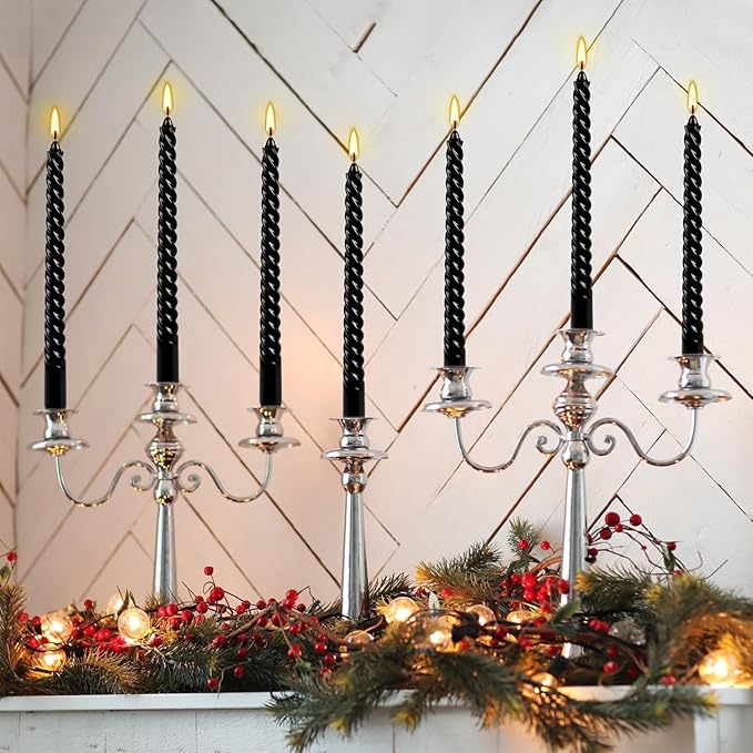 10 Inch Black Spiral Taper Candle Set, 12 Pack Unscented Dripless Candlesticks for Halloween,Dinner,Party Brithday Wedding and Home Decoration