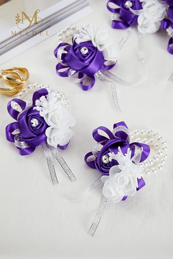 Meldel Purple Wrist Corsage for Prom Wedding Party, Set of 6, Rose Wrist Hand Flower for Bridal Bridesmaid, Prom Corsages Wrist Bride Groom Mother, Corsage Wristlet for Ceremony, Homecoming Corsage
