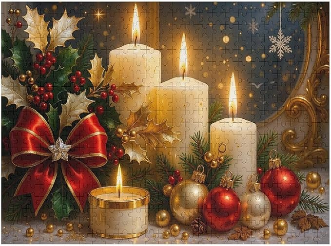 The Burning Christmas Candles 1000-Piece Wooden Jigsaw Puzzle, Cozy Holiday Decor, Winter Relaxation Activity, Mindful Puzzle Challenge, Family Fun, Indoor Entertainment, Gift Idea