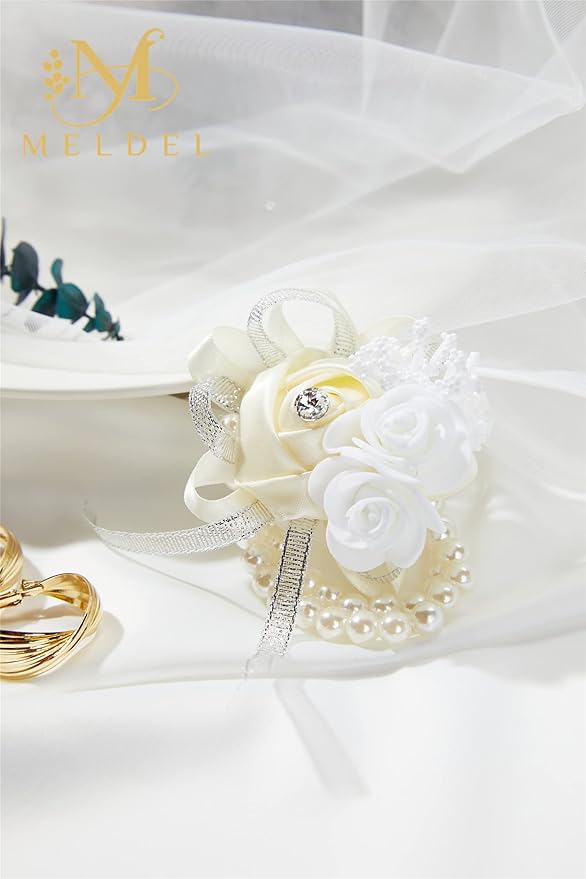 Meldel Wedding Wrist Corsages, 4pcs/Set Beige Ivory White Rose Pearl Bracelet Corsage for Bridal Bridesmaid, Mother of Bride Wrist Flower On Wrist Wedding Prom Party Homecoming Anniversary