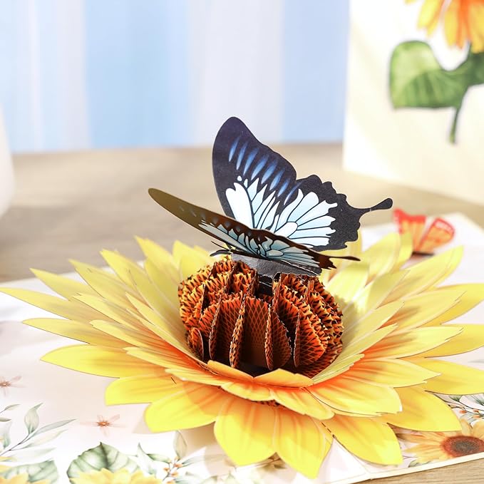 Sunflower & Butterfly Pop Up Mothers Day Card, 3D Popup Birthday Card 6x 8, Ideal Gift for Mother's Day, Anniversary, Valentine's, Thank You, All Occasion for Women, Wife, Mom, Grandma, Her