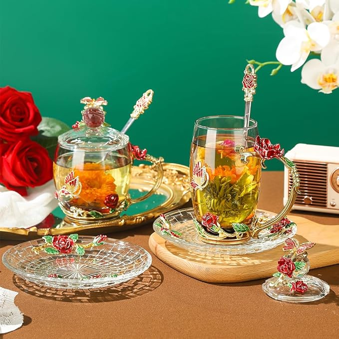 Crystal Tea Cup Coffee Mug with Lid Saucer Spoon Birthday Christmas Gift for Women Friends Female Grandma Mum Sister Home Decoration(Short Red)