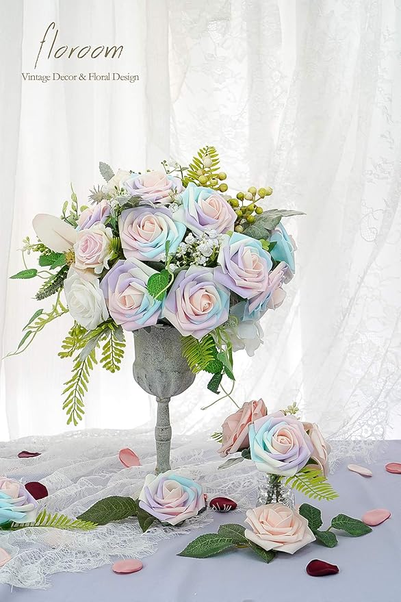 Floroom Artificial Flowers 25pcs Real Looking Whimsical Blush Foam Fake Roses with Stems for DIY Wedding Bouquets Baby Shower Centerpieces Floral Arrangements Party Tables Home Decorations