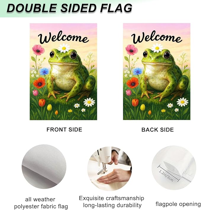 IVN Spring Garden Flag 12x18 Inch Double Sided Frog and Wildflower Meadow Scene Outdoor Yard Flag for Outside Front Door Lawn Porch Patio Welcome Decor