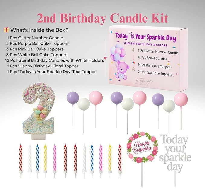 by Tugba Aydan - 2 Number Birthday Candles – 24 Piece Cake Decoration Kit with Number Candle – Party Supplies for Kids’ Birthday Celebration