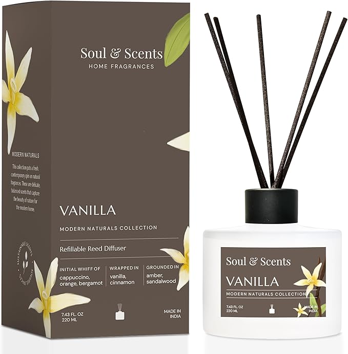 Soul & Scents Reed Diffuser Set – Vanilla | 7.43 oz Refillable Scented Oil with 6 Fiber Sticks | Long-Lasting Home Fragrance & Air Freshener for Bedroom, Bathroom, Office | Gift & Décor Piece
