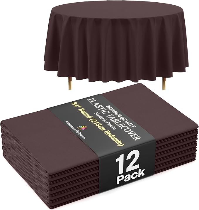 Exquisite 66% Thicker Premium Brown Round Tablecloth 0.5 Mil 12 Pack Plastic Table Cloth Disposable 84 Inch Round Plastic Tablecloth Won't Tear Easily Like Cheap Thin Brands