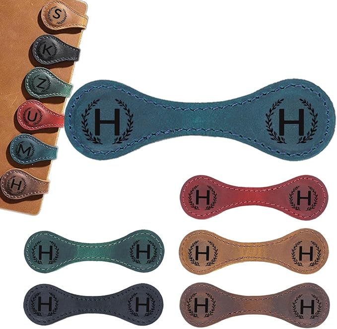 Magnetic Leather Bookmark with 26 Initial for Reading Women,Personalized Magnet Book Marks Gifts for Men,Book Lovers (Blue, H)