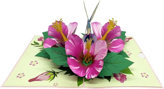 iGifts And Cards 3D Hibiscus Blue Hummingbird Greeting Pop Up Card 6" x 8" with Envelope – Stunning Pop-Up Floral Gift – Bird and Flower Lovers Card for Birthday, Mother's Day, or Thinking of You