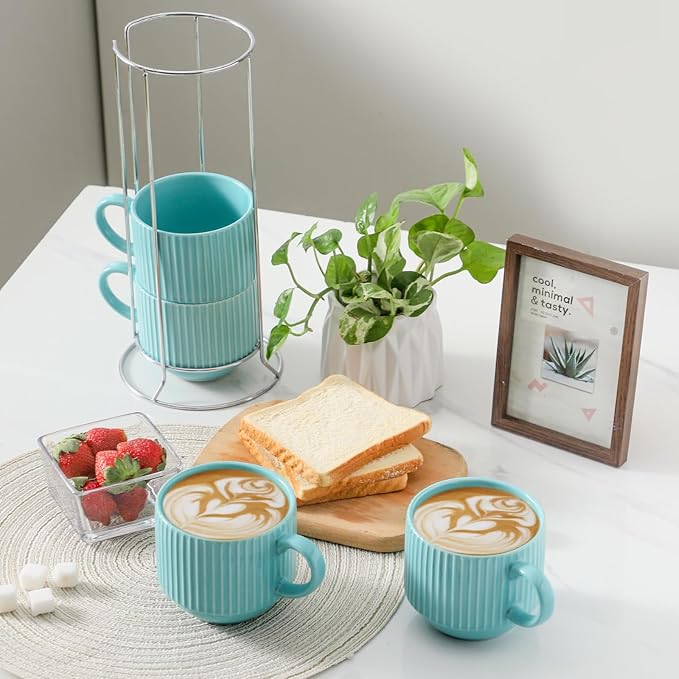 Hasense 15 oz Coffee Mug Set of 4 with Stand - Stackable Large Ceramic Ribbed Latte Cup Set for Cappuccino, Tea, Hot Cocoa, Drinks - Dishwasher & Microwave Safe, Turquoise
