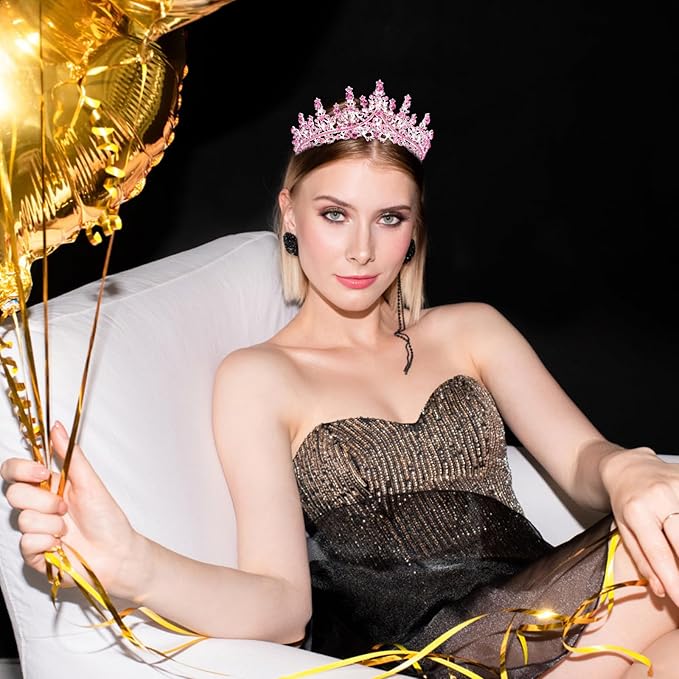 Velscrun Pink Crystal Birthday Tiara Crowns for Women Girls Elegant Princess Crown with Combs Birthday Girl Headband Sash Happy Birth Party Decorations Birth Gift Cake Topper Hair Accessories