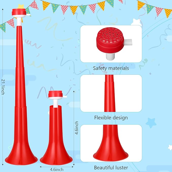 6 Pcs Stadium Horn for Adult, 21 Inch Vuvuzela Plastic Collapsible Cheering Trumpets for Sporting Events Football Carnival Party, Red