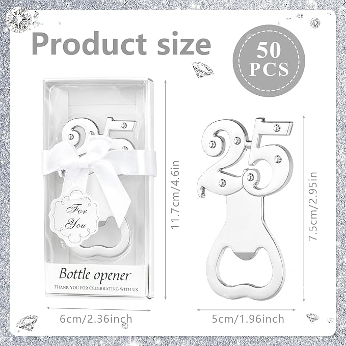 50 PCS 25th Birthday Party Favors for Guests,25th Wedding Party Favors Bottle Openers,Wedding Beer Bottle Openers for Bridal Shower