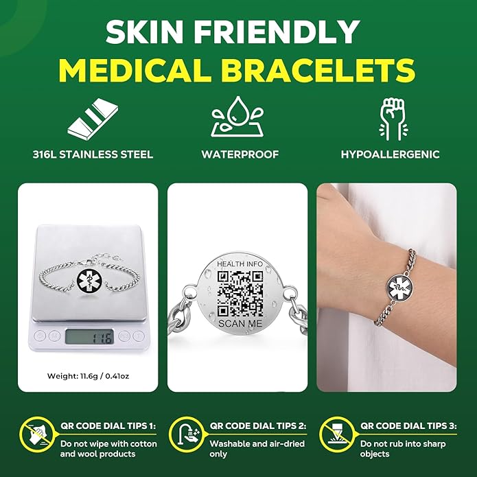 Upgraded Medical Bracelets Men Women with QR Code Medical Alert ID Bracelets - Titanium Steel Wristband Fits Wrists Up 8''-10'' - More Space Custom Emergency Med ID Info