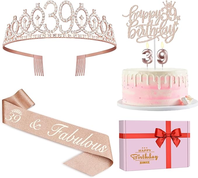 39th Birthday Decorations, Rose Gold Sash, Crown, Candles & Cake Topper, Set of 6 for Women