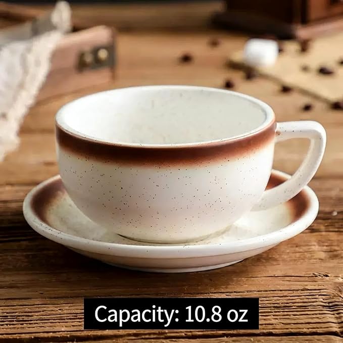 Ceramic Latte Mug, 10.82oz Barista Cup with Saucer, 7mm Thickened Rim Ceramic Cappuccino Cup, Vintage Latte Art Mug for Home & Café (Mocha)