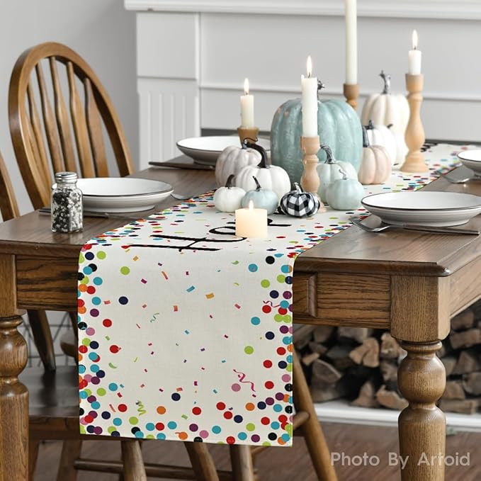 Artoid Mode Polka Dot Beige Happy Birthday Table Runner, Seasonal Kitchen Dining Table Decoration for Home Party Decor 13x60 Inch