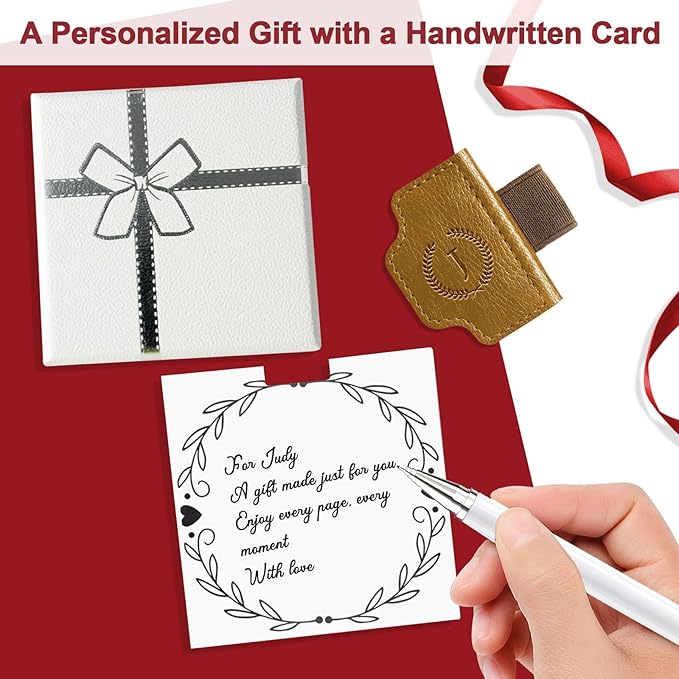 BygoneMark Magnetic Leather Bookmark with Pen Holder, Personalized Custom Initial Page Marker & Pen Clip, Professional Book Accessory for Students (Light Brown-Y)