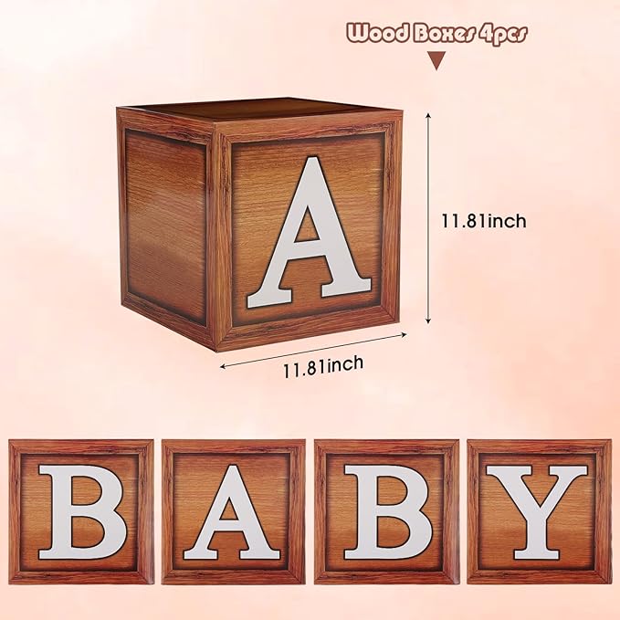 Baby Shower Decorations - Boxes with Letters for Gender Reveal (Wood) - 4 Balloon Boxes Included
