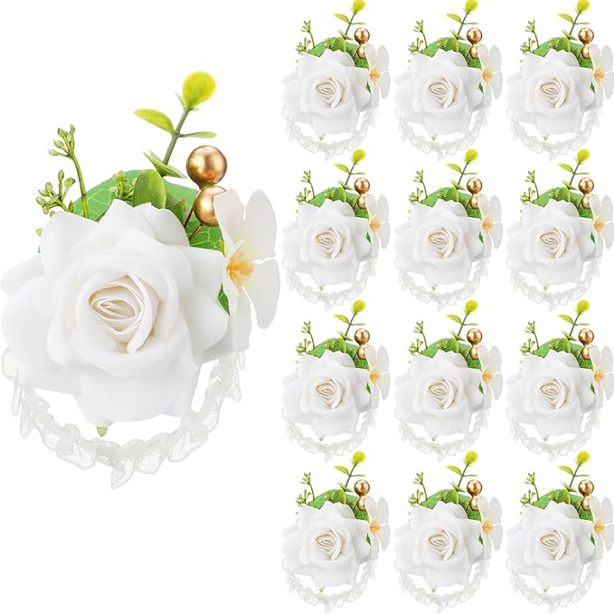 Sherr Set of 12 Rose Wrist Corsages for Wedding Corsage Flower Wristlet Floral Wedding Wrist Bridal Rose Leaf Hand Flowers for Bride Bridesmaid Prom Engagement Festival(White)