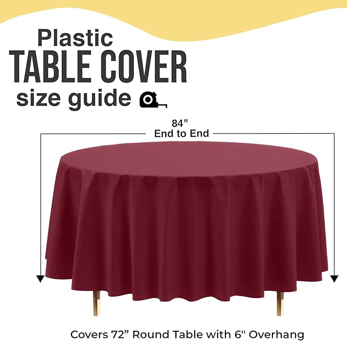 Exquisite 66% Thicker Premium Burgundy Round Tablecloth 0.5 Mil 24 Pack Plastic Table Cloth Disposable 84 Inch Round Plastic Tablecloth Won't Tear Easily Like Cheap Thin Brands