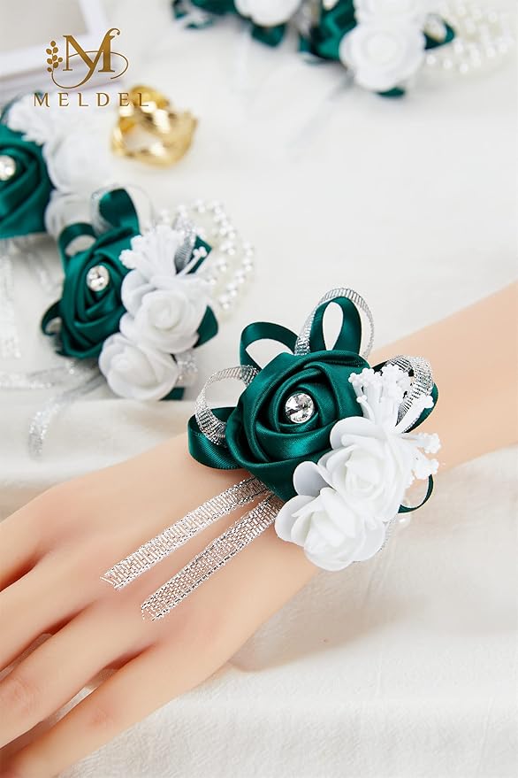 Meldel Wrist Corsage Bracelets for Wedding Mother of Bride and Groom, Green Silk Rose Wrist Hand Prom Flower Ceremony Anniversary,Dinner Party, Homecoming, Set of 6