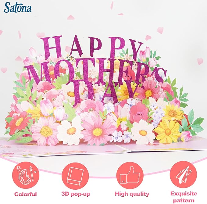 SATONA 3D Mother Pop-Up Greeting Card, Elegant Floral Scene, Includes Envelope & Message Card, Perfect for Mothers, Wives, Grandmas, or a Special Occasion (Happy Mother’s Day - Flower)