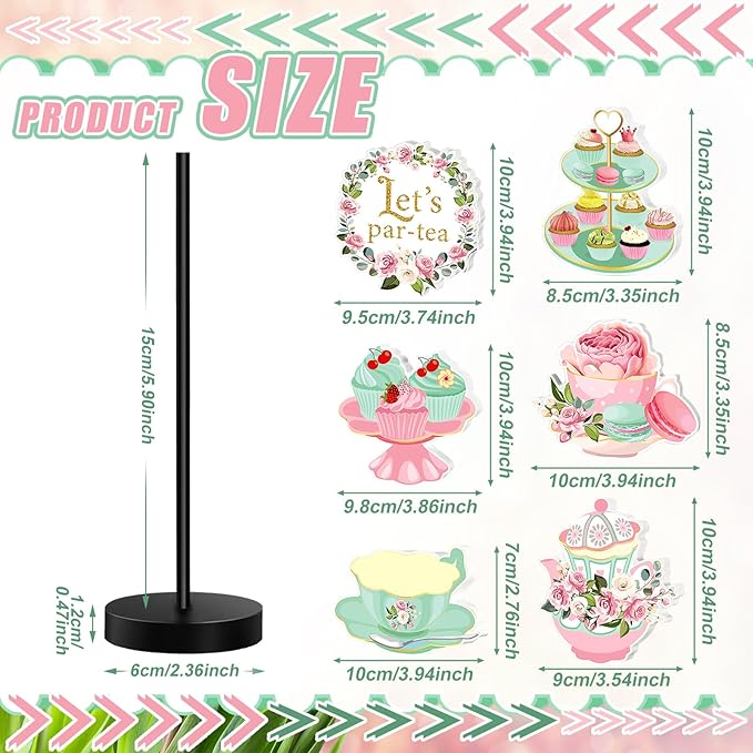 6 Pcs Tea Party Table Decor Tea Party Decoration for Table Centerpieces Let's Par-Tea Wooden Standing Signs Tabletop Decor for Home Office Room Desk Party Supplies