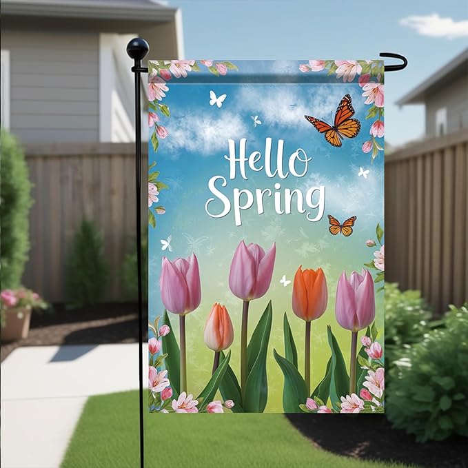 Starlit Patio Welcome Spring Garden Flag 12x18 Double Sided Small Butterflies Tulip Floral Flower Garden Flag House Outside Spring Summer Decoration Seasonal Flower Yard Outdoor Flag