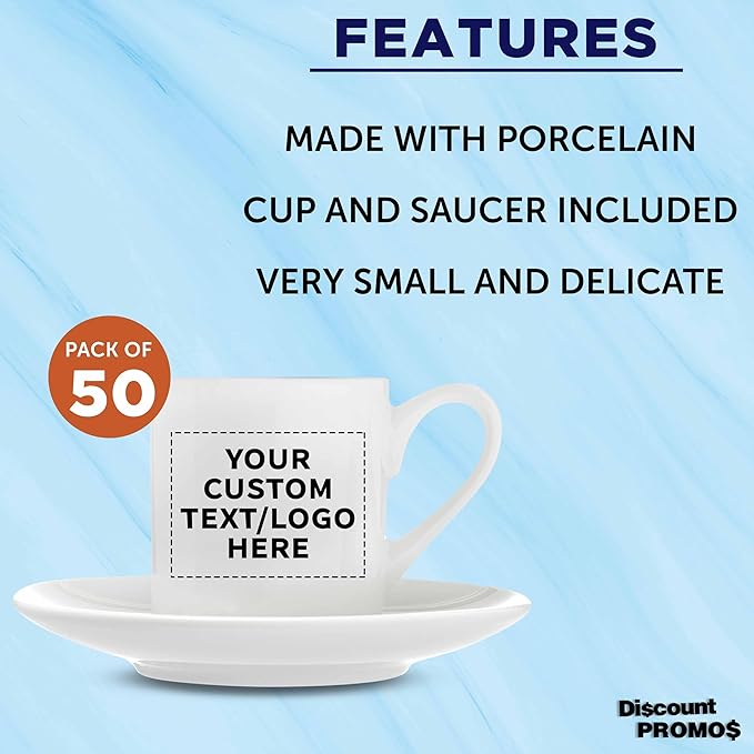 DISCOUNT PROMOS 50 Espresso Cups with Saucers Set, 3 oz. - Personalized Text, Logo - Practical, Porcelain, Coffee Shops - White
