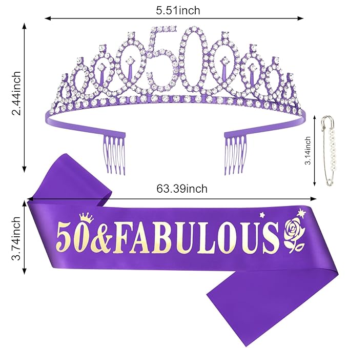 Casoty Purple 50th Birthday Sash and Tiara, 50th Birthday Decorations for Women, 50 & FABULOUS Sash and Crown Set, Party Supplies Favors for Women Gifts for Her