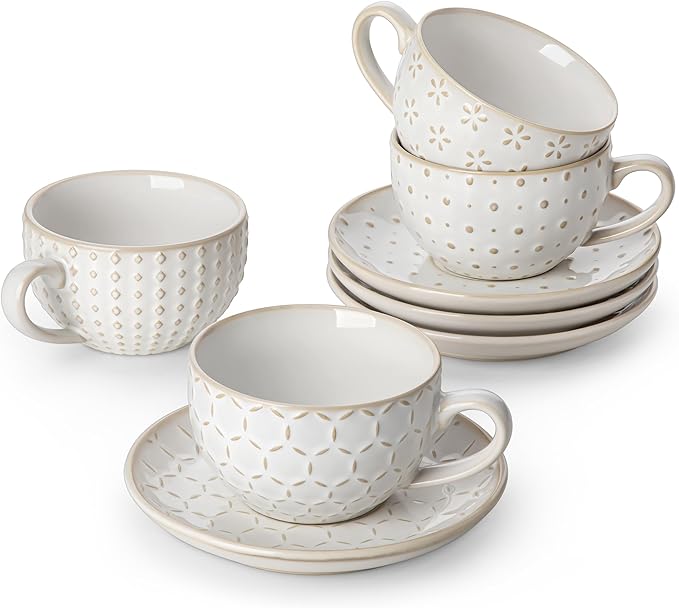 MALACASA 6 OZ Cappuccino Cups with Saucers Set of 4 - Ceramic Stackable Tea Cups and Saucers, Embossment Coffee Mugs for Tea, Latte and Mocha, Dishwasher Safe, Arctic white