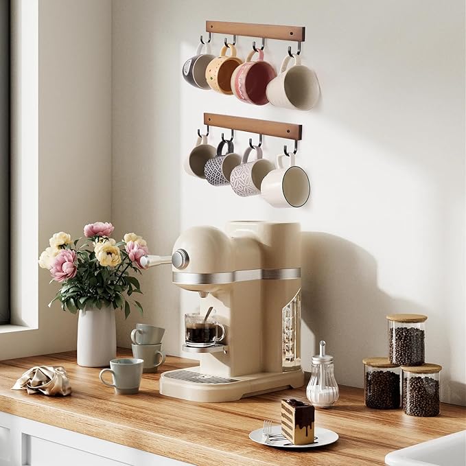 Mug Hook for Wall, 180° Swivel Hooks for Cups, Wooden Wall Mounted Rotatable Hooks for Hanging Mugs, Hats, Keys, Kitchen Utensils, Robe, Towel, Strong Metal Hook with Wood Base (2, Brown)
