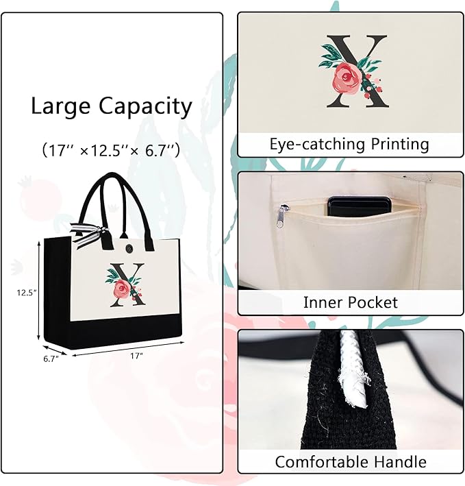 Initial Canvas Tote Bag, Personalized Birthday Gifts for Women Mom Friends Teachers, Monogrammed Tote Bags Suitable for Mother's Day Wedding Beach (Letter X)