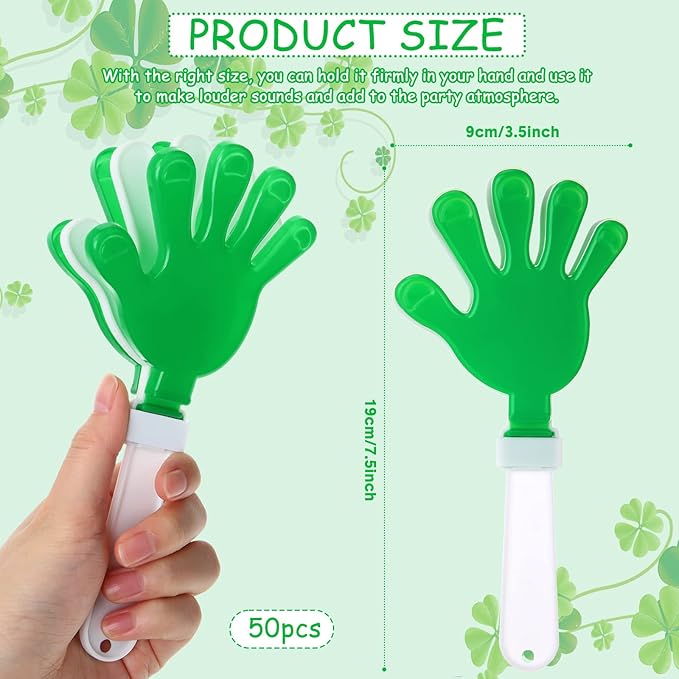 50 Pcs 7.5 Inch Green/White Hand Clapper Plastic Noise Makers for Sporting Events St. Patrick's Party Hand Clappers Noisemakers for St. Patrick's Day Party Favors Birthday Sports Game Celebration