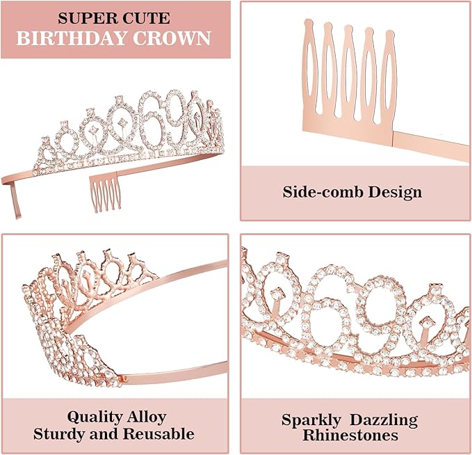69th Birthday Decorations for Women, Including Birthday Sash, Crown/Tiara, Candles, Cake Topper, 69 Year Old Gifts for Women