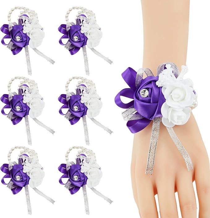 Meldel Purple Wrist Corsage for Prom Wedding Party, Set of 6, Rose Wrist Hand Flower for Bridal Bridesmaid, Prom Corsages Wrist Bride Groom Mother, Corsage Wristlet for Ceremony, Homecoming Corsage