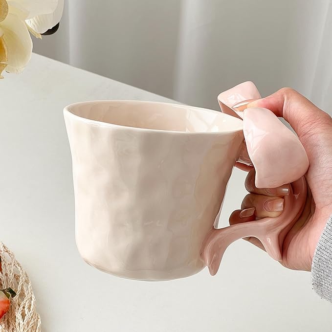 Pink Ceramic Coffee Mug with Bow Handle, Cute Girly Cup for 14oz, Handmade Kawaii Soup Mug for Latte Tea Milk Cocoa, Pretty Birthday Valentine Gifts for Women and Girls