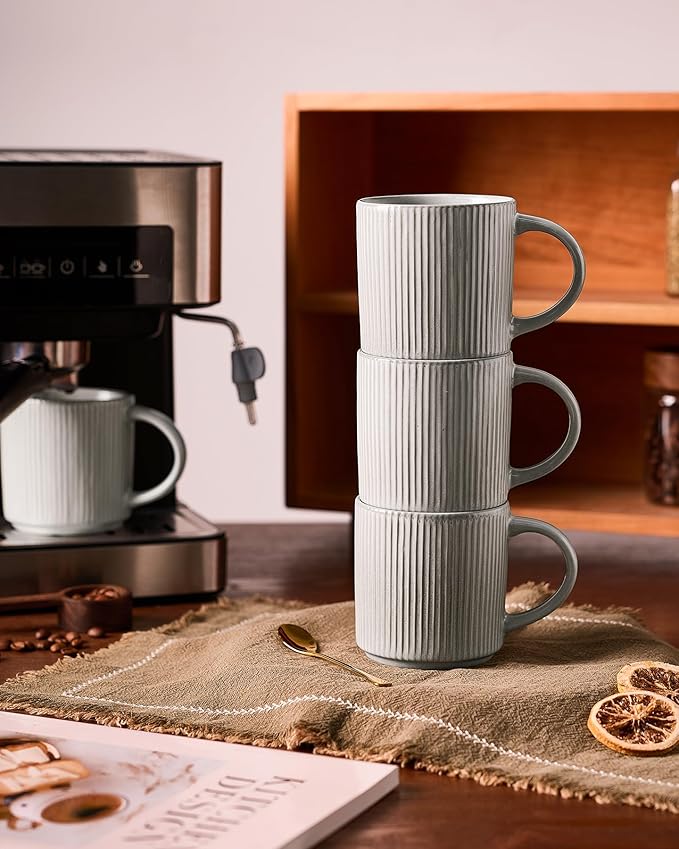 famiware Coffee Mug Set for 4, Star 12 oz Catering Mugs Cup Set with Handle for Coffee, Tea, Cocoa, Milk - Ceramic Stoneware Drinkware Set, Matte Grey