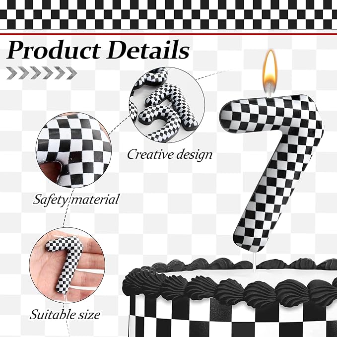 Racing Cars Themed Birthday Candle Number 7 Checkered Candle Birthday Party Decoration Cake Topper for Racing Car Party Decoration Theme Party Supplies (Number 7)