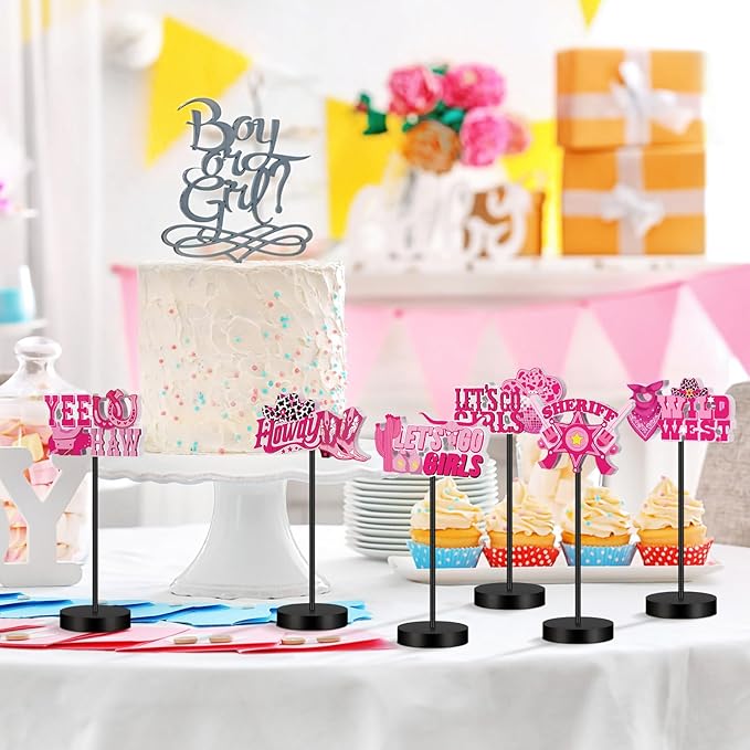 6 Pcs Pink Cowgirl Disco Centerpieces for Table Let's Go Girls Disco Cowgirl Bachelorette Party Decoration Western Wooden Standing Sign Decor for Birthday Western Rodeo Party Supplies